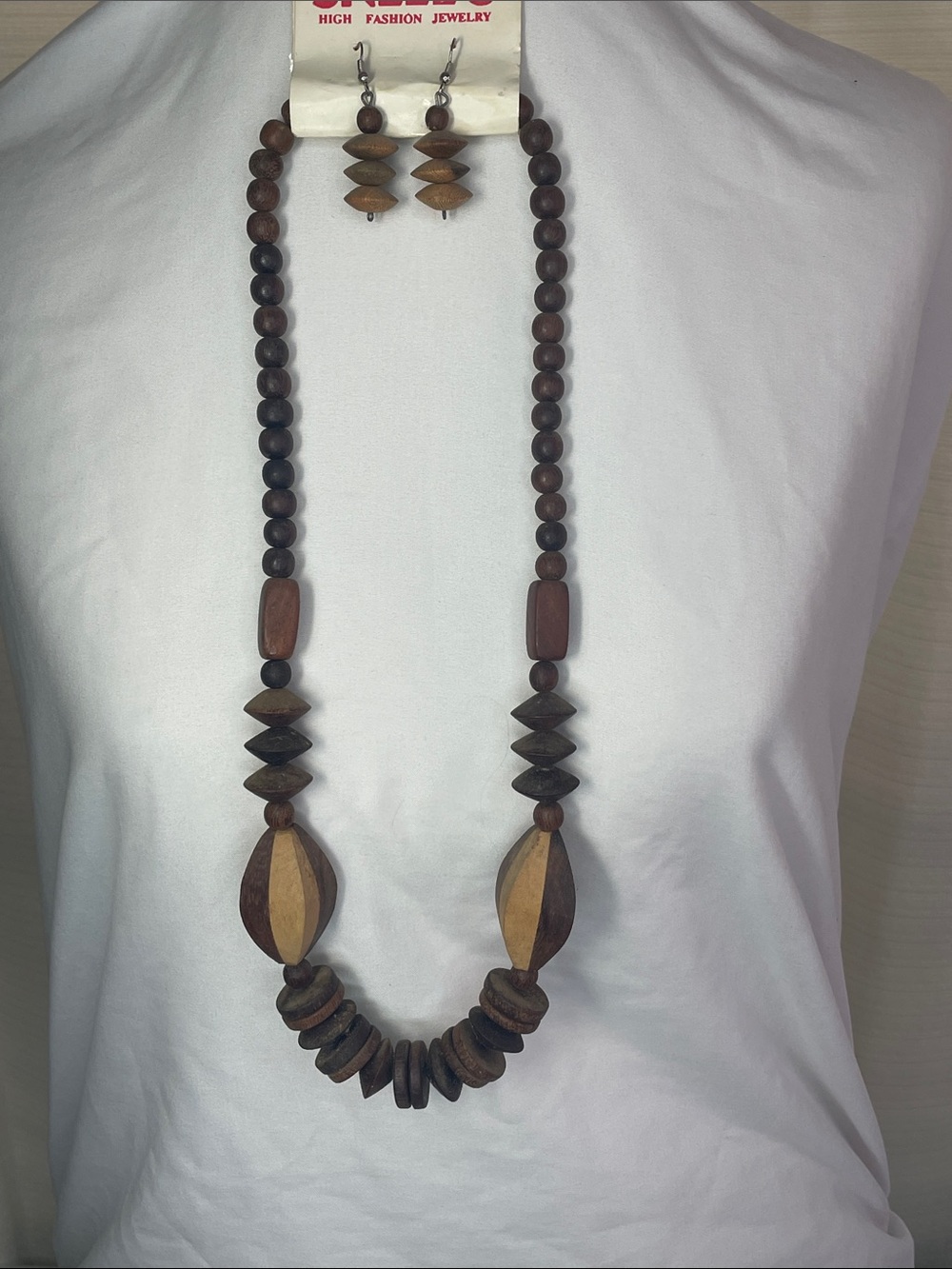 Handmade Brown Two-Tone Wooden Bead Necklace and Earrings Set